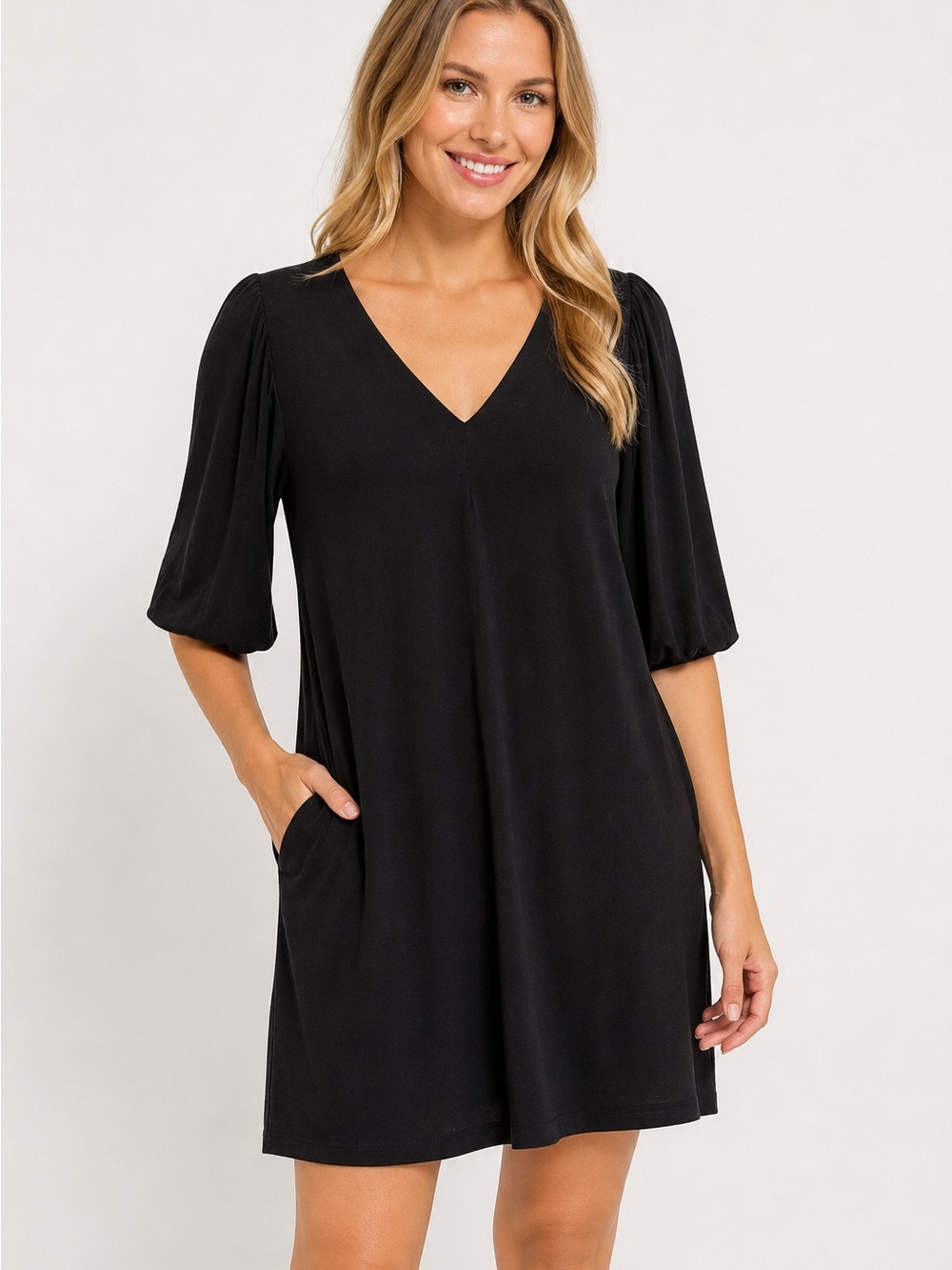374. NIC+ZOE Black V-Neck Puff Sleeve Mini Dress
